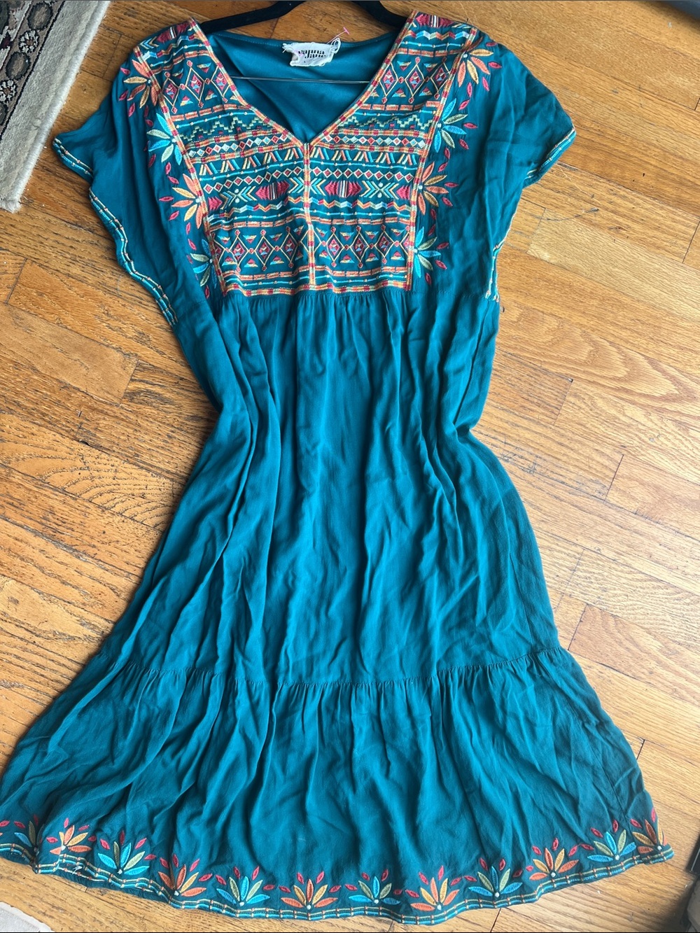 Savanna Jane Teal Embroidered V-Neck Midi Dress